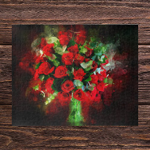 Red Roses Bouquet Watercolor on Black Background Jigsaw Puzzle