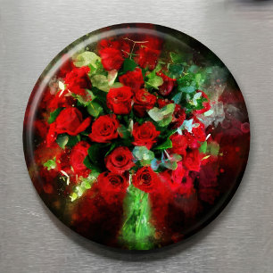 Red Roses Bouquet Watercolor on Black Background Magnet