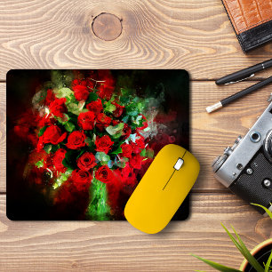 Red Roses Bouquet Watercolor on Black Background Mouse Mat