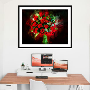 Red Roses Bouquet Watercolor on Black Background Photo Print