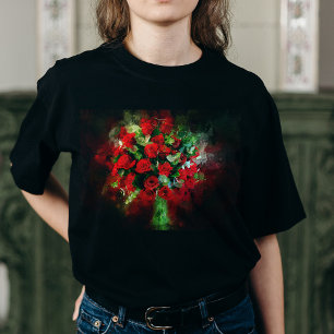 Red Roses Bouquet Watercolor on Black Background T-Shirt