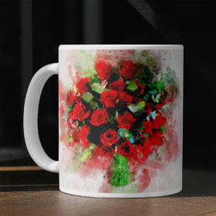 Red Roses Bouquet Watercolor on White Background Coffee Mug
