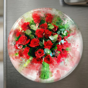 Red Roses Bouquet Watercolor on White Background Magnet