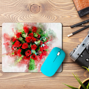 Red Roses Bouquet Watercolor on White Background Mouse Mat
