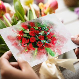 Red Roses Bouquet Watercolor on White Background Postcard