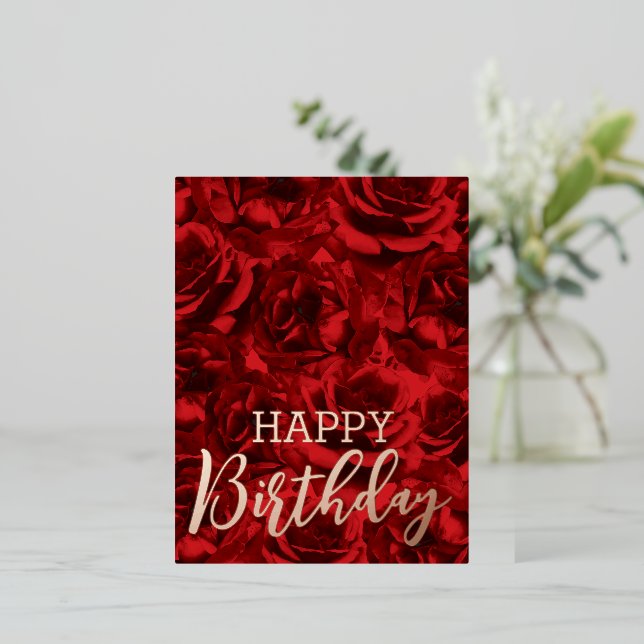Red Roses Bouquets Happy Birthday  Foil Holiday Postcard (Standing Front)