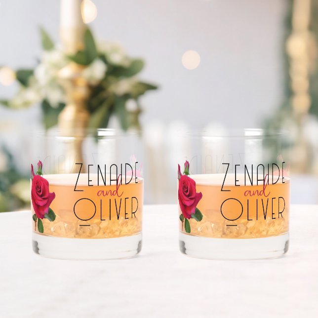 Red Roses Bride and Groom Wedding Glassware Whiskey Glass (Insitu (Wedding))