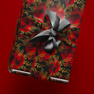 Red Roses Bunch Foil Floral Glitter Gold Black VIP Wrapping Paper