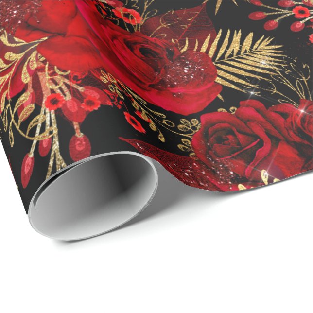 Red Roses Bunch  Foil Floral Glitter Gold Butterfy Wrapping Paper (Roll Corner)