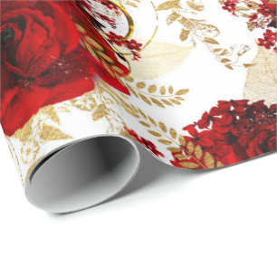 Red Roses Bunch Sparky  Floral Elegant Gold White Wrapping Paper