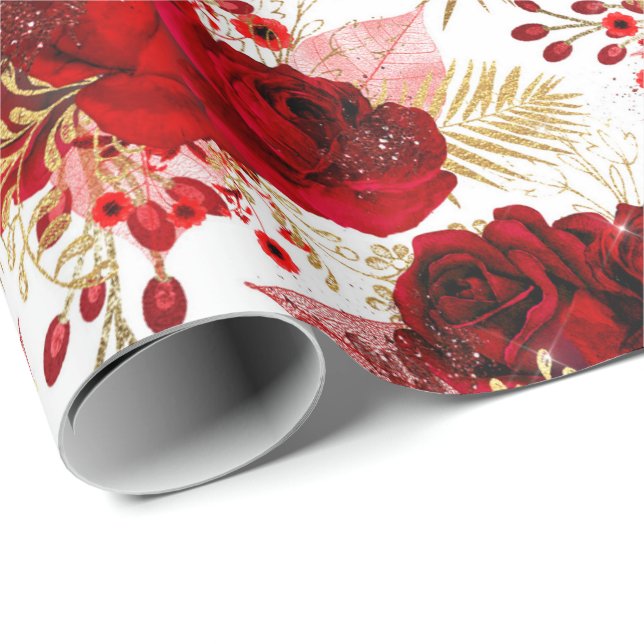 Red Roses Bunch Sparky  Floral Glitter Gold White Wrapping Paper (Roll Corner)