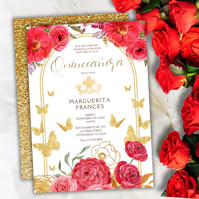 Red Roses & Butterflies Gold Glitter Quinceañera  Invitation (Creator Uploaded)