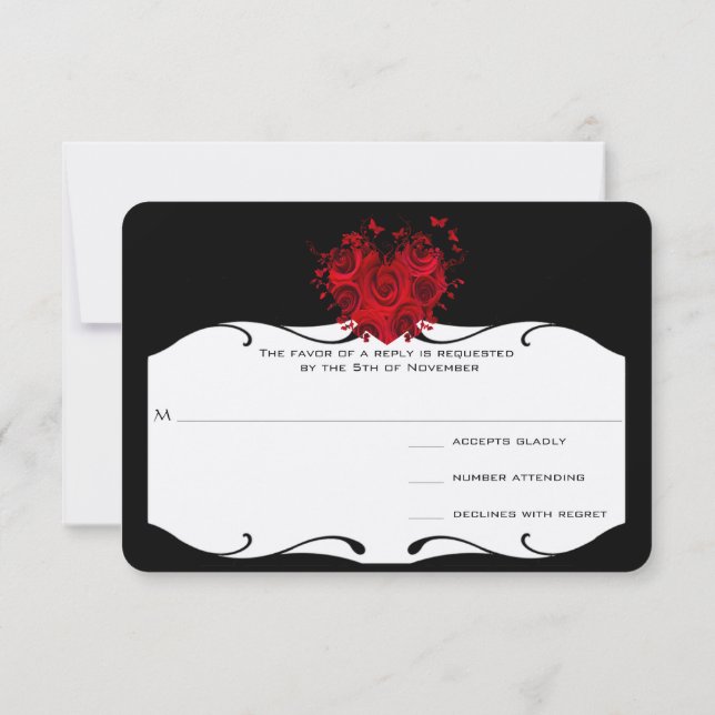 Red Roses & Butterflies Heart on Black RSVP (Back)