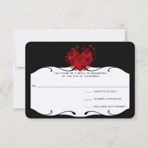 Red Roses & Butterflies Heart on Black RSVP Card