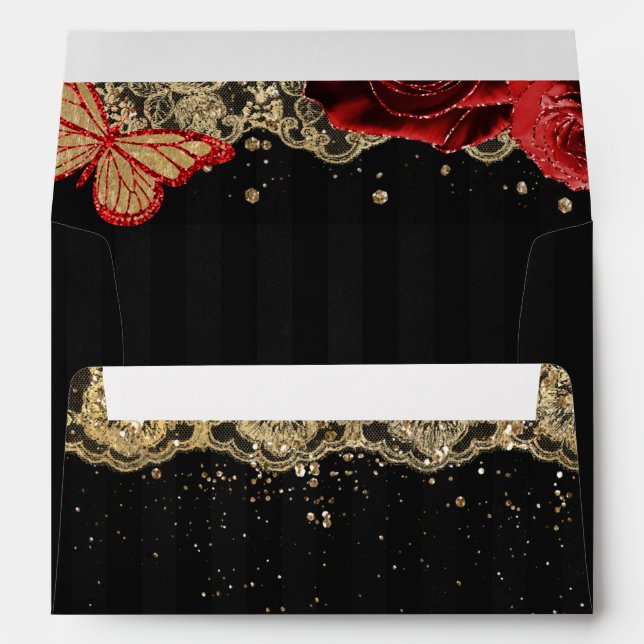 Red Roses Butterfly Black Gold Lace Envelope (Back (Bottom))