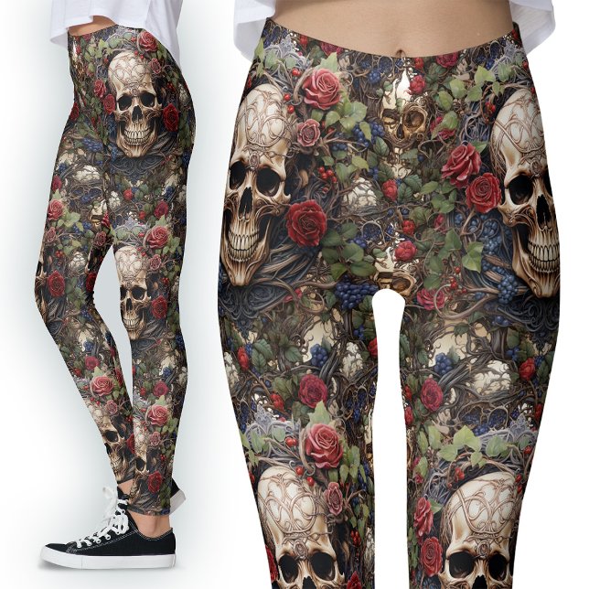 Red Roses Celtic Skulls Green Leaves Nature Leggings (Creator Uploaded)