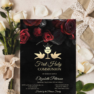 Red Roses Chalice First Holy Communion   Invitation