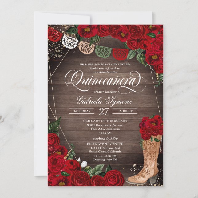 Red Roses Charra Rustic Cowgirl Boots Quinceañera Invitation (Front)