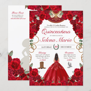 Red Roses Charro Elegant Peonies Rose Quinceanera Invitation