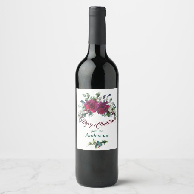 Red Roses Christmas Bouquet Personalised Wine Label (Front)