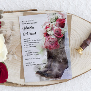 Red Roses Cowboy Boots Western Watercolor Wedding Invitation