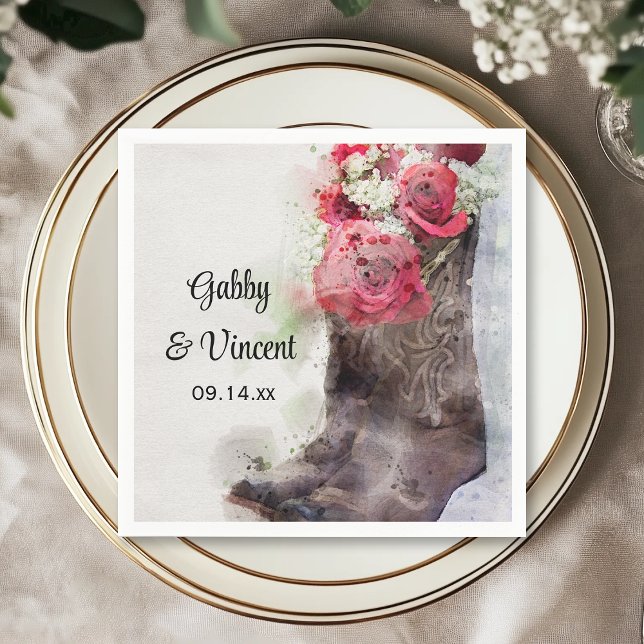 Red Roses Cowboy Boots Western Wedding Watercolor Napkin (Creator Uploaded)