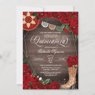 Red Roses Cowgirl Boots Western Charro Quinceañera Invitation