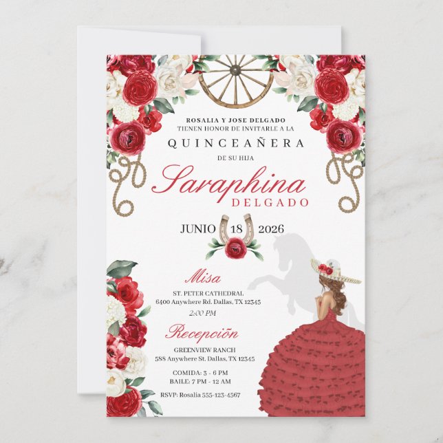 Red Roses Cowgirl Western Horse Quinceañera Invitation (Front)