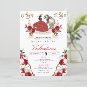 Red Roses Cowgirl Western Mariachi Quinceañera Invitation