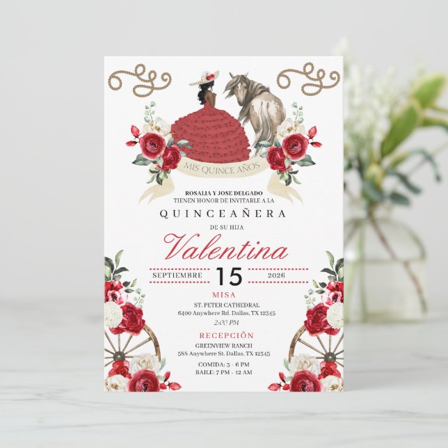 Red Roses Cowgirl Western Ranch Quinceañera Invitation (Standing Front)