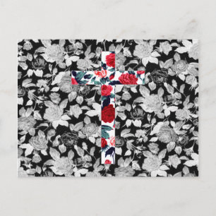 Red Roses Cross & Black and White Floral Pattern Postcard