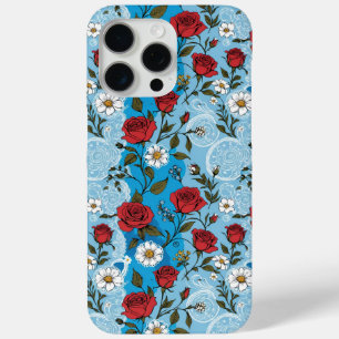 Red Roses Daisies and Lace Light Blue iPhone 15 Pro Max Case