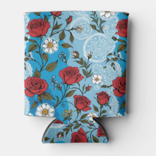 Red Roses Daisies and Lace Turquoise Can Cooler