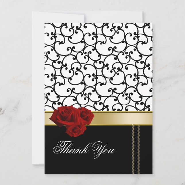 red roses damask Thank You Card (Front)