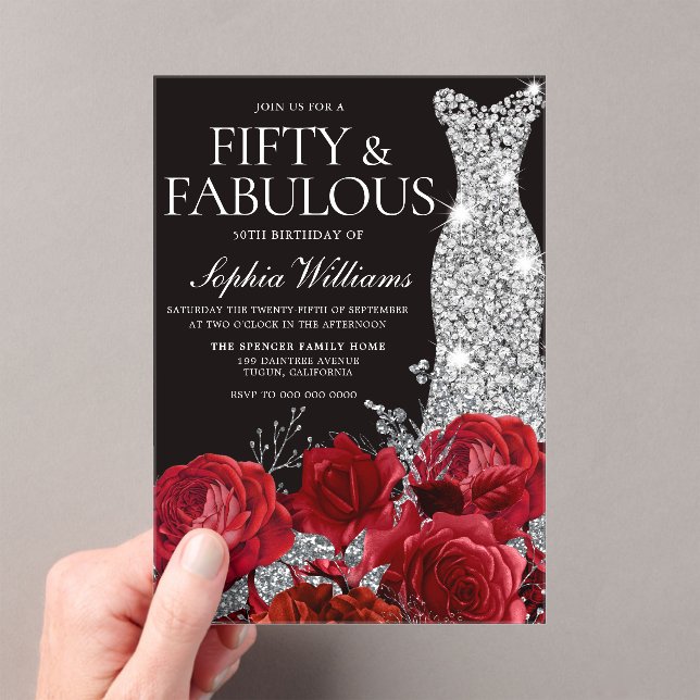 Red Roses Diamond Gown 50th Birthday Party Black  Acrylic Invitations (Insitu (Handheld))