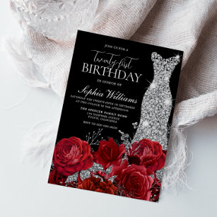 Red Roses Diamond Gown Black 21st Birthday Party Invitation
