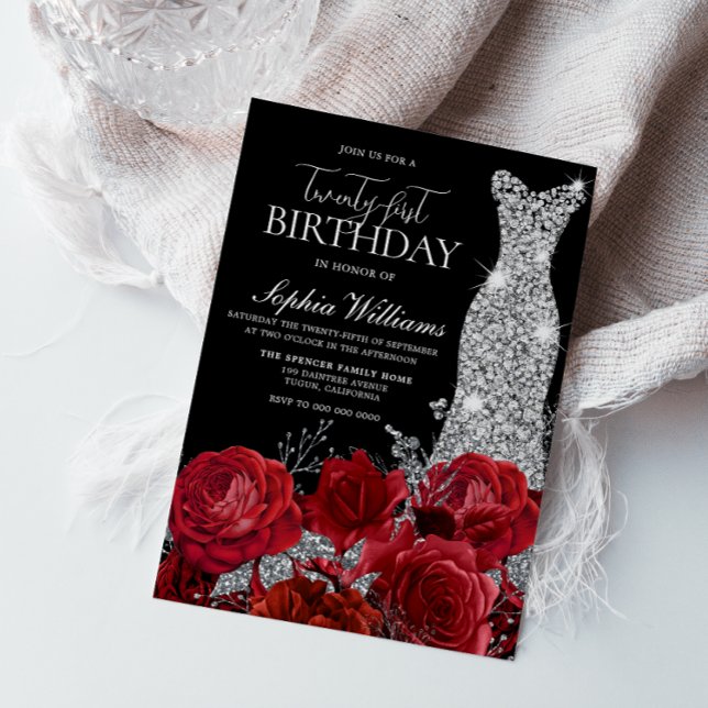Red Roses Diamond Gown Black 21st Birthday Party Invitation (Creator Uploaded)