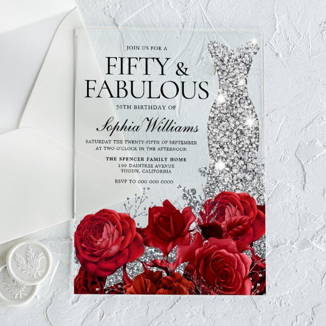 Red Roses Diamond Gown Black 50th Birthday Party Acrylic Invitations (Creator Uploaded)