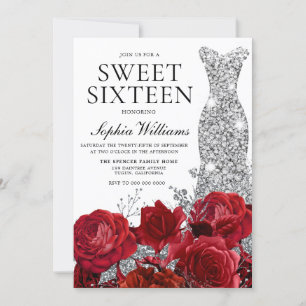 Red Roses Diamond Gown Sweet 16 Birthday Party Invitation