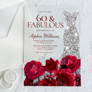 Red Roses Diamond Gown Woman's 60th Birthday Acrylic Invitations