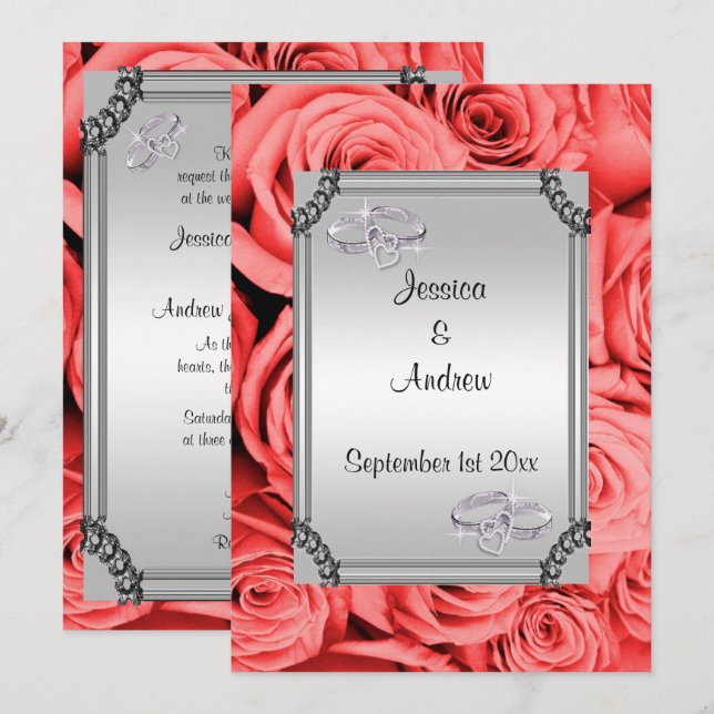 Red Roses & Diamond Wedding Rings Invitation (Front/Back)