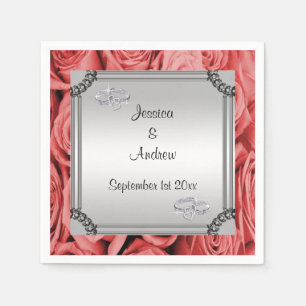 Red Roses & Diamond Wedding Rings Napkin