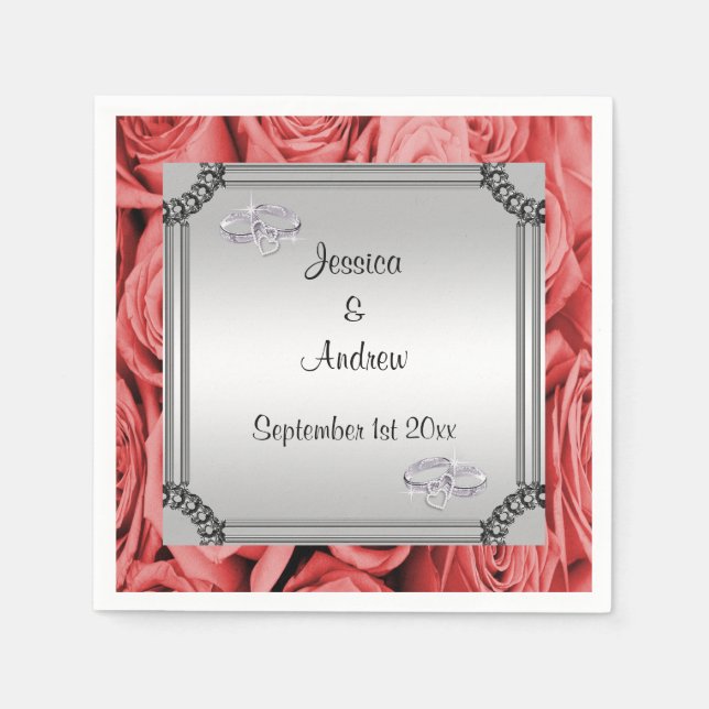 Red Roses & Diamond Wedding Rings Napkin (Front)