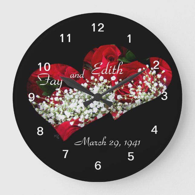 Red Roses & Double Hearts Clock- customise Large Clock (Front)