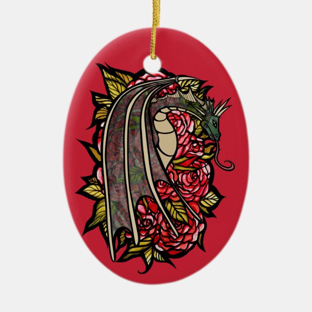 Red Roses Dragon Art                               Ceramic Tree Decoration (Front)