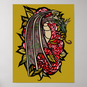 Red Roses Dragon Art                               Poster