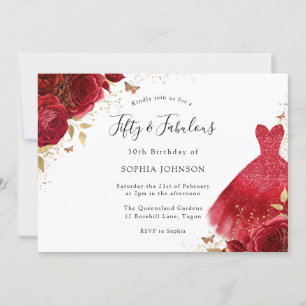 Red Roses Dress 50th Birthday Fifty & Fabulous Invitation