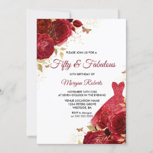 Red Roses Dress fifty & Fabulous 50th Birthday Invitation