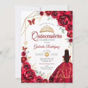 Red Roses Dress Gold White Quinceanera Invitation