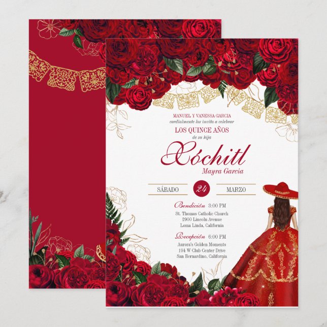 Red Roses Elegant Charro Quinceanera Invitation (Front/Back)